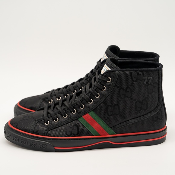 size 13G 13.5 US Gucci Tennis High Black Canvas Jumbo GG Sneakers Web - Picture 4 of 12